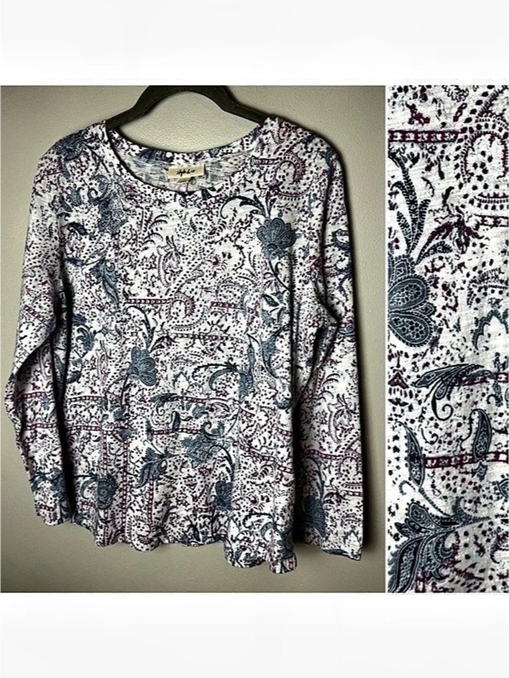 Style & Co Top Size Large Paisley Cotton Modal Long sleeves Blue Berry Pink Boho